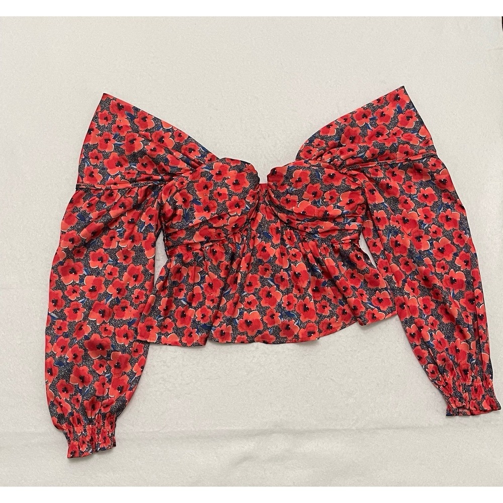 House of Harlow 1960 Floral Puff Sleeve Top Women's S Red Ruched Peplum